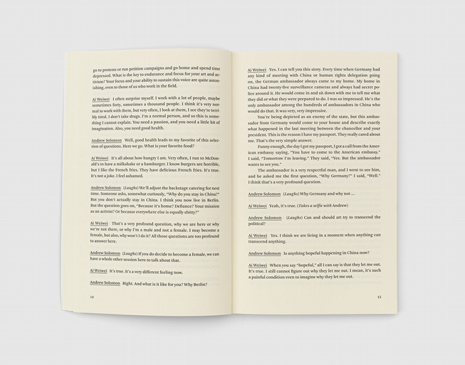 Exemplary page, text-only, from the chapter "Conversation with Andrew Solomon" in Ai Weiwei's book 'Conversations'