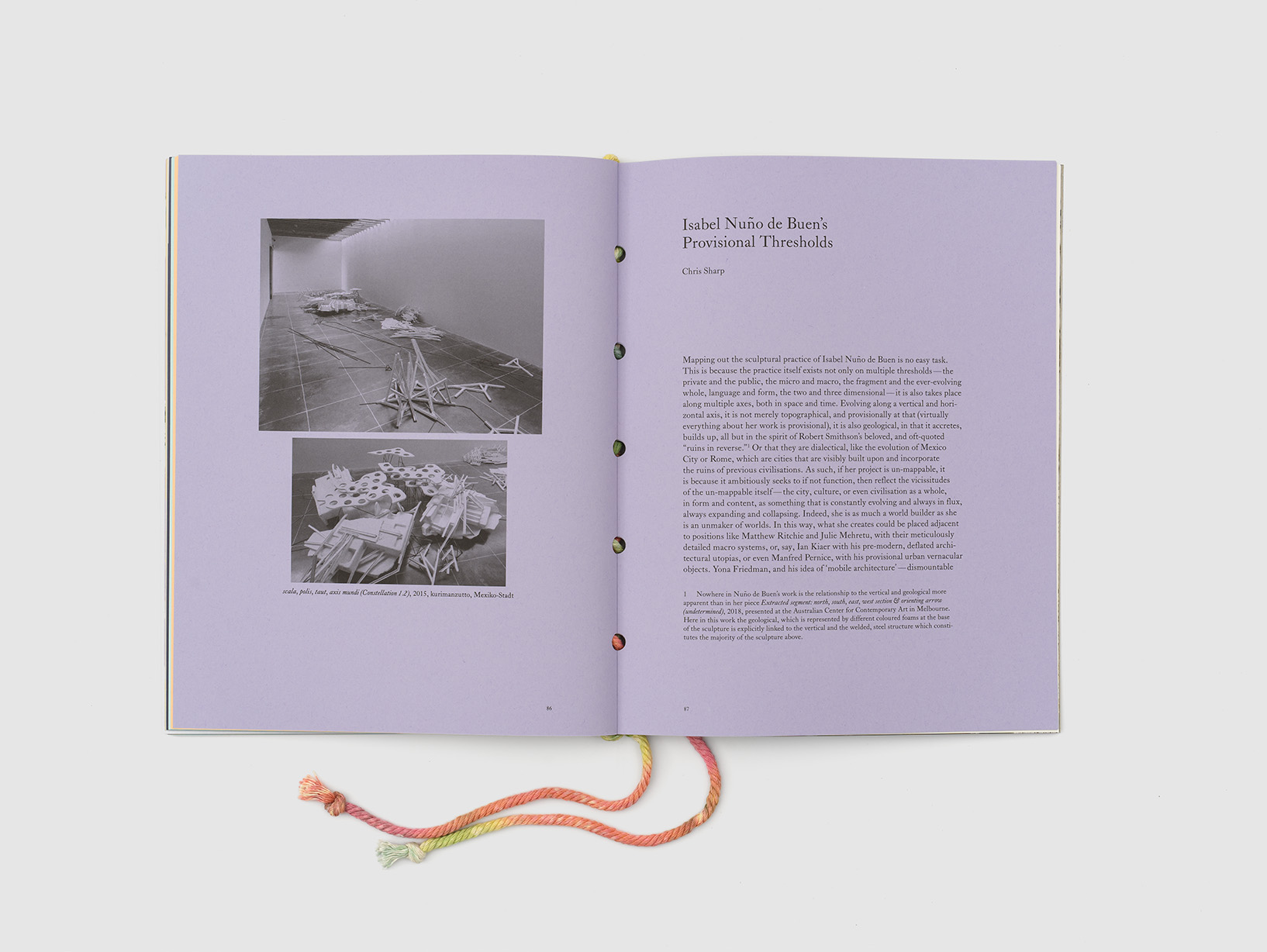 light purple book pages with two photographs and text, Isabel Nuño de Buen – in fugue