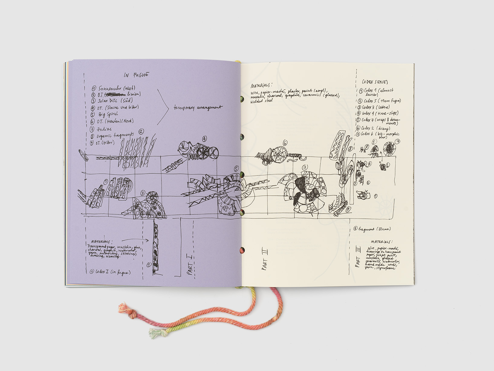 light purple and yellow bookpages with a drawing, Isabel Nuño de Buen – in fugue