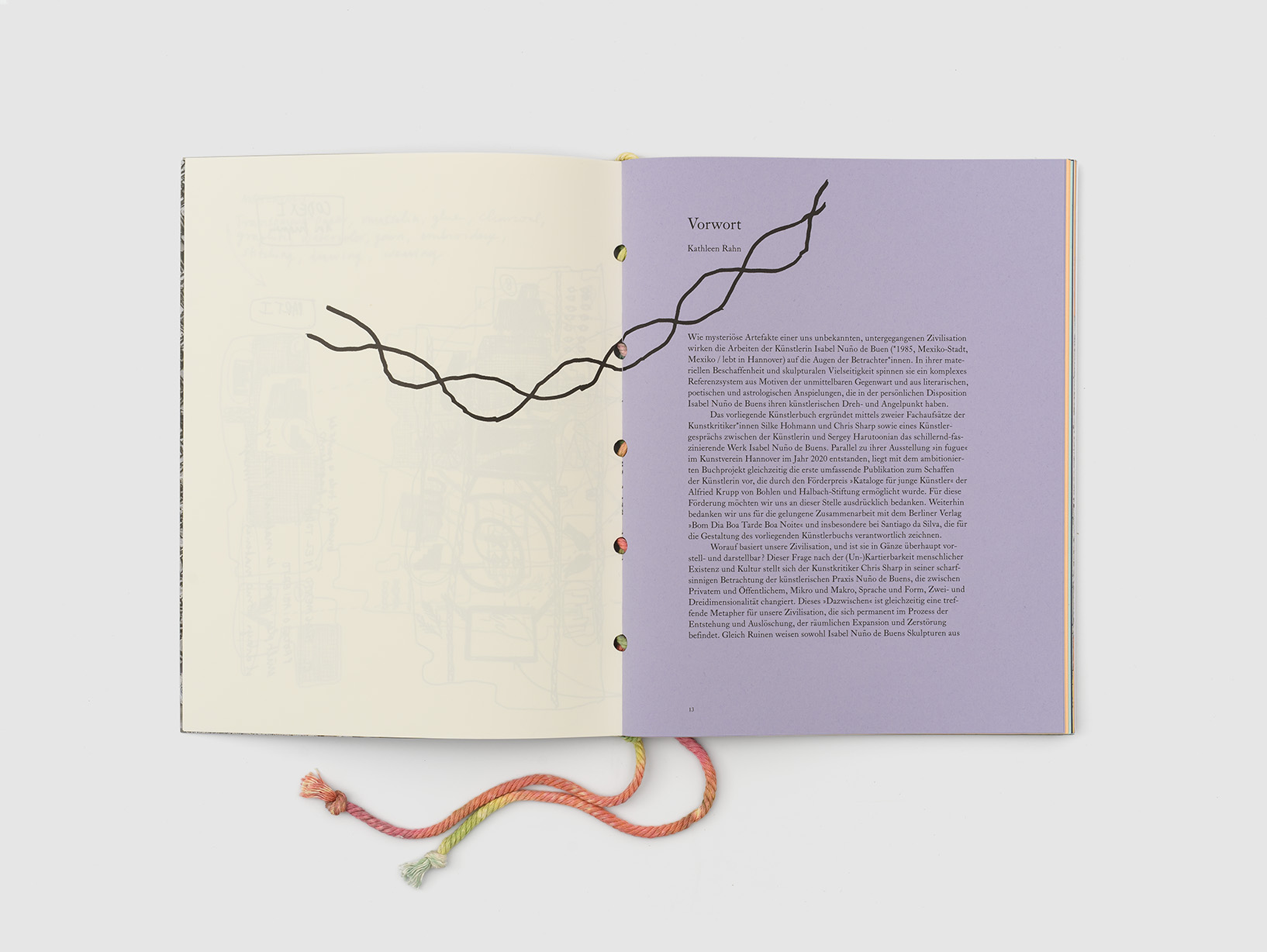 book pages with text and crossing lines, Isabel Nuño de Buen – in fugue