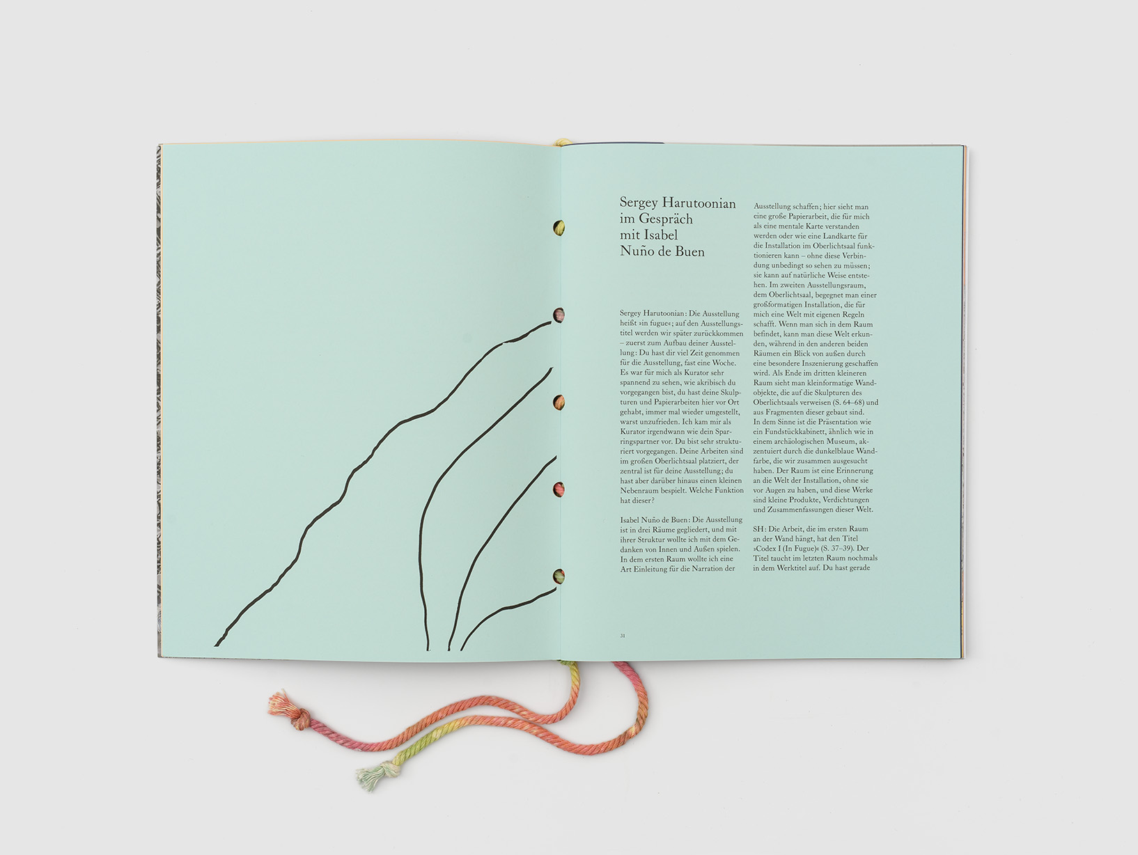 book pages with text and crossing lines, Isabel Nuño de Buen – in fugue