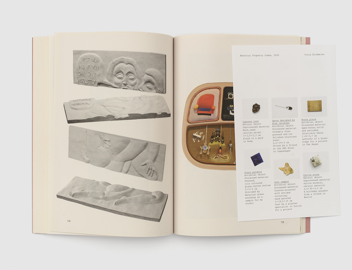 Inner pages showing art, inlay listing and showing different objects being described as art, design objects or natural objects